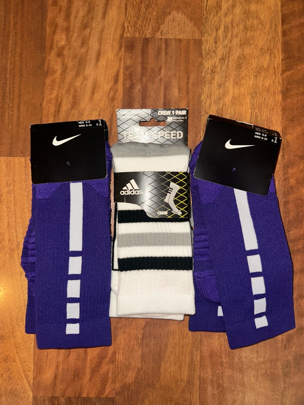 Nike Purple Crew Athletic Socks - Pair (With Adidas White/Black Crew)